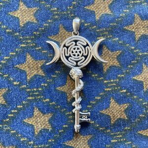 Sterling Silver Hekate Hecate Key Pendant. Triple Moon Goddess. Snake. New.